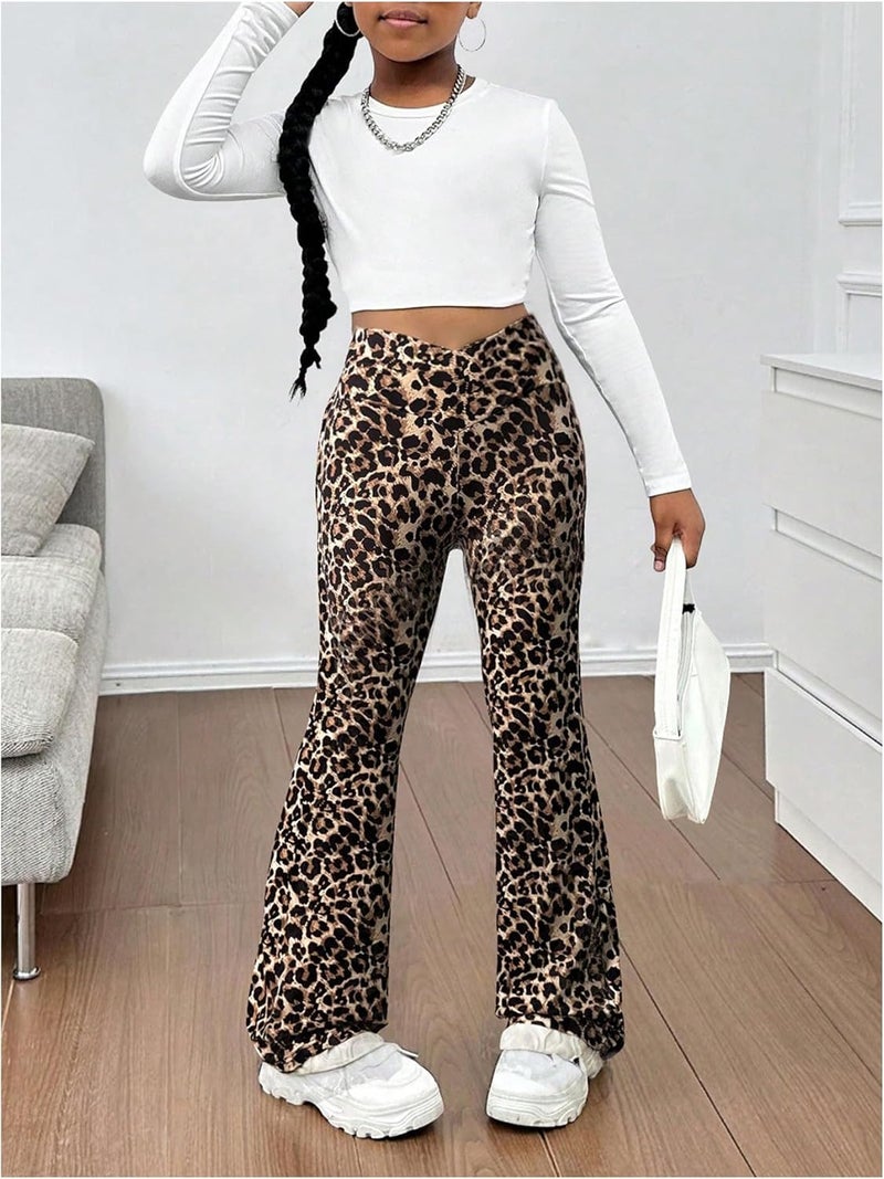 OYOANGLE Girl's Leopard Flared Leggings Crossover Skinny Bell Bottoms Cheetah Print Yoga Dance Pants - Image 2